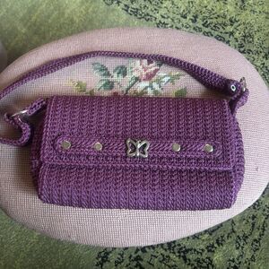 Vintage 90s 00s Crochet Bag Purple Butterfly Accent Boho Grunge Mini Purse Y2K